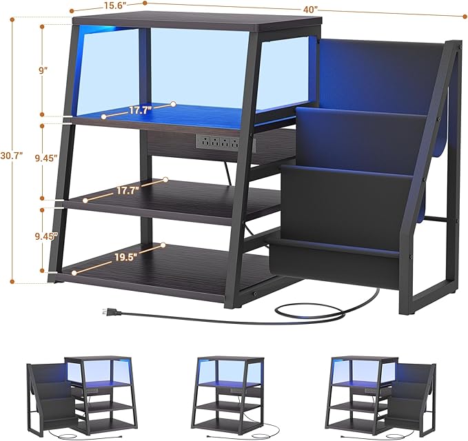 AV Media Stand with Outlets, Stereo Stands and Racks with Vinyl Storage, Stereo Stand with Record Storage, Audio Stereo Rack Cabinet, Turntable Console Stand with LED lights, 4 Tiers, Black Ebony