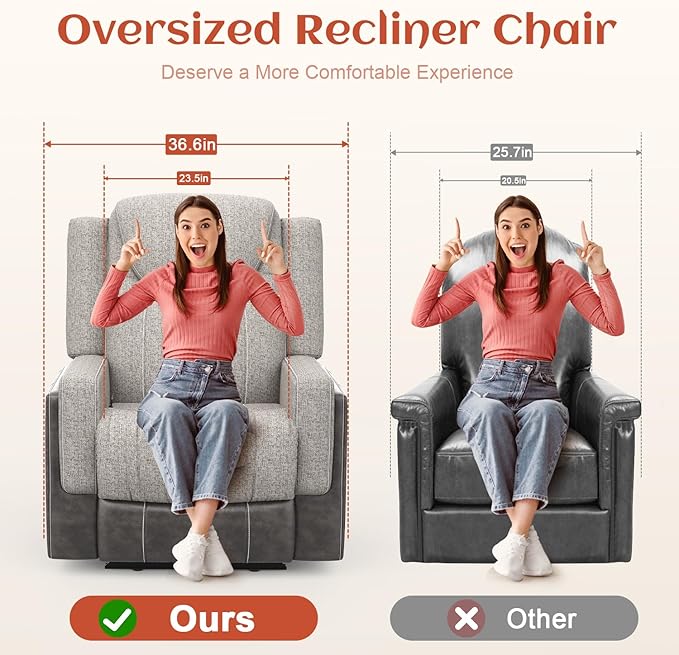 Dresegmt Oversize Manual Recliner Chair for Adults, Extra Wide Single Reclining Sofa Chair with Ergonomic, FSC Certified, Grey Linen-Blend & Chocolate Leather Scandinavian Chic for Living Room, RV
