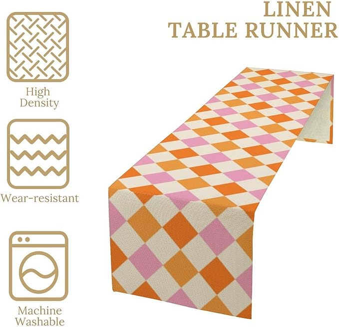 Retro 70s Hippie Table Runner Geometric Square Grid Yellow Orange Pink 1960s 1970s Vintage Country Farmhouse Dinner Runner for Living Room Kitchen Party Holiday 13x120in