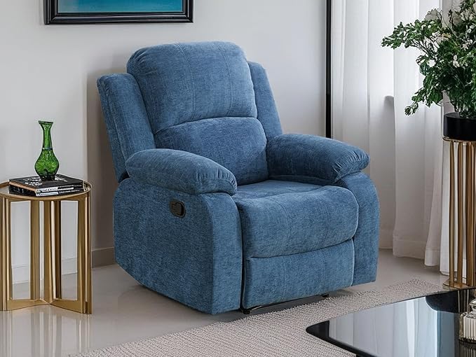 Fabric Recliner Chair Contempary Manual Motion Reclining Chair Living Room Furniture Microfiber Single Recliner with Overstuffed Arm & Back for Living Room/Bedroom/Office/Rv Car (Blue, Chair)