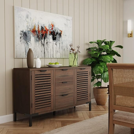 Bme Millie Solid Wood Sideboard Storage Cabinet with Storage, Pre-Assembled with 3 Drawers & 2 Doors, Adjustable Shelves