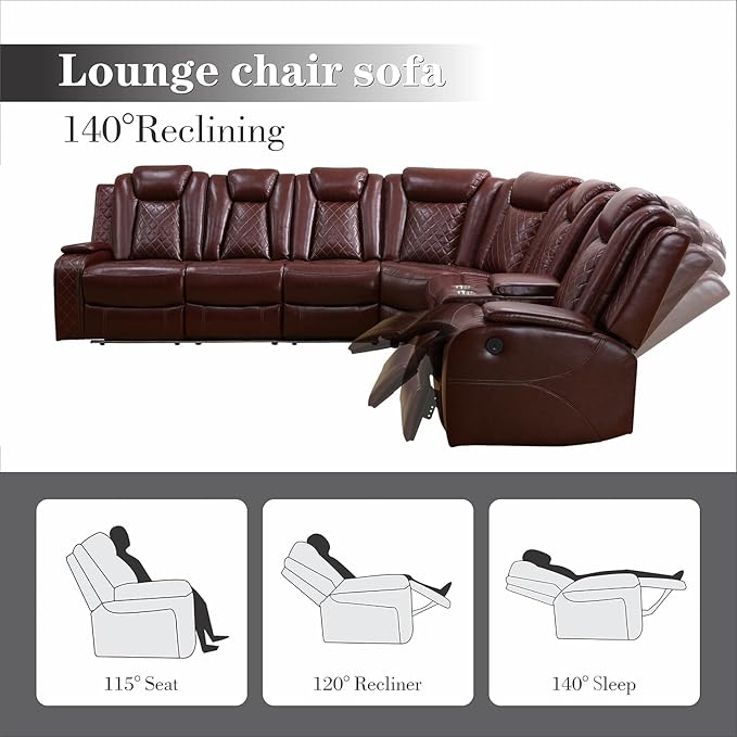Power Recliner Sectional Sofa with LED Light, Breathing Leather Recliner Sofa Couch with Storage/Cup Holder for Living Room Home Office Theater (Red)