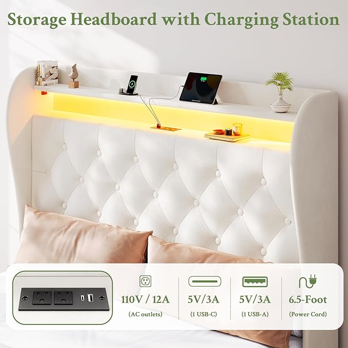 Queen Bed Frame with Tall Headboard, Velvet Upholstered Platform Bed with LED Lights & Charging Station, 52.7"-55" Adjustable/Modern Tufted Wingback Storage Headboard, No Box Spring Needed, Cream