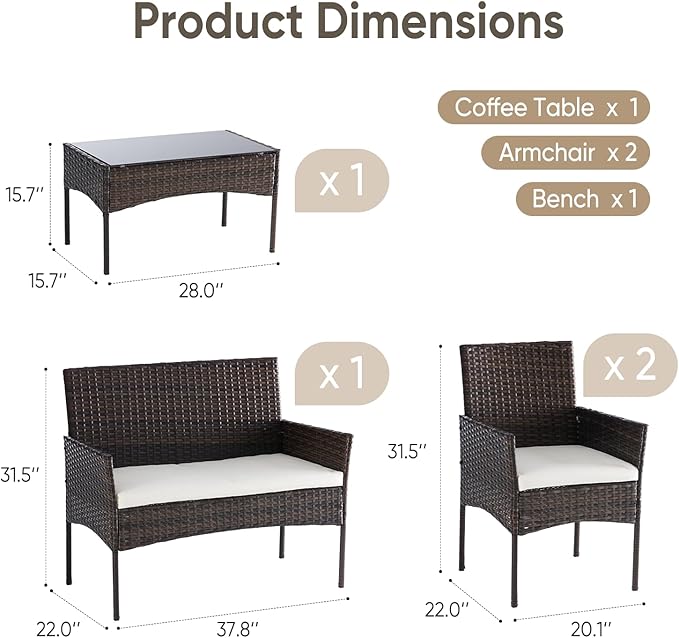 DUMOS 4 Piece Patio Furniture Set, All-Weather Outdoor Wicker Conversation Set with Removable Cushions & Tempered Glass Coffee Table, for Porch, Balcony, Lawn, Backyard, Brown