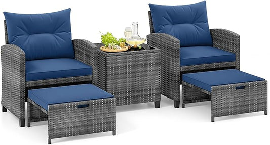 Tangkula 5 Pieces Patio Conversation Set, PE Wicker Rattan Outdoor Furniture Set with 2 Chairs, 2 Ottomans & Tempered Glass Coffee Table, Ideal for Poolside, Backyard, Lawn, Deck, Mix Grey & Navy