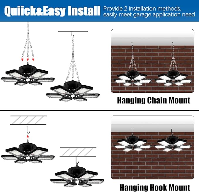 LED Garage Lights 2 Pack -180W, 18000LM 6500K Led Shop Light with 6+1 Deformable Panels, Basement Barn Light Garages Ceiling Lights, E26/E27 for Garage, Warehouse, Shop, Basement