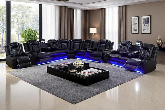 Living Room Furniture Set, Power Sectional Recliner Sofa and Chair Set with LED Light, Air Leather Electric Reclining Sofa with 5 Recliner Seats/Cup Holders/USB Port/Storage Console for Living Room