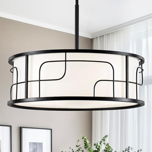 19.68" Drum Pendant Light - Black and White Linear Design Adjustable Chandelier for Dining Room, Kitchen Island, Living Room, Foyer (5 Lights)