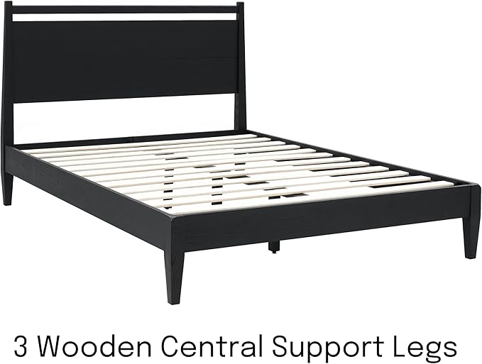 NTC Adept Wooden Bed Frame with Headboard, Solid Oak and Rubber Wood Foundation with Silent Slats and Wood Central Supports, 1000 Lb Capacity, Effortless Assembly, Queen - Burnt Black