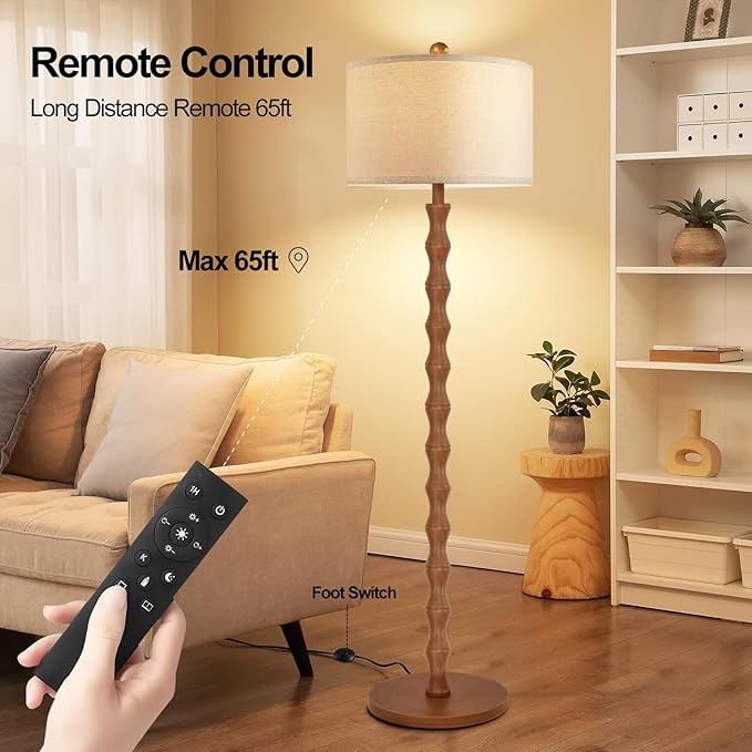 Wood Floor Lamp with 3 Color Temperatures,Boho Floor Lamp with Remote Control,Dimmable LED Floor Lamp Mid Century Modern Standing Lamp Farmhouse Tall Pole Lamp for Living Room Bedroom