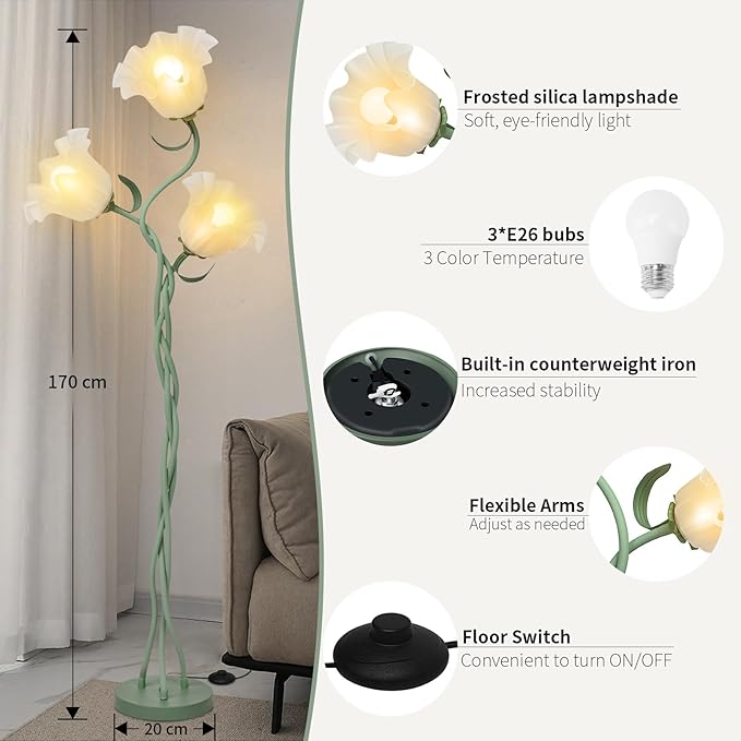 Flower Floor Lamp for Living Room, Tall Flower Reading lamp with Flexible Neck Shaft for Bedroom Decor, Modern Corner Floor Lamps with 3-Color Temperatures LED Bulb