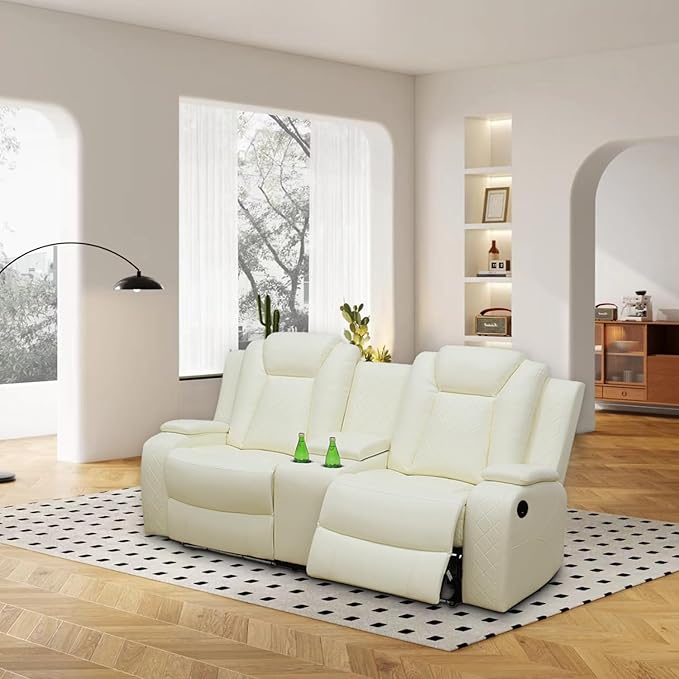 Power Recliner Loveseat, Air Leather Reclining Couch with LED/Cup Holders/Storage, 2-Seater Reclining Sofa, Creamy White Leather Couch for House/Apartment/Office