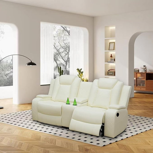 Power Recliner Loveseat, Air Leather Reclining Couch with LED/Cup Holders/Storage, 2-Seater Reclining Sofa, Creamy White Leather Couch for House/Apartment/Office