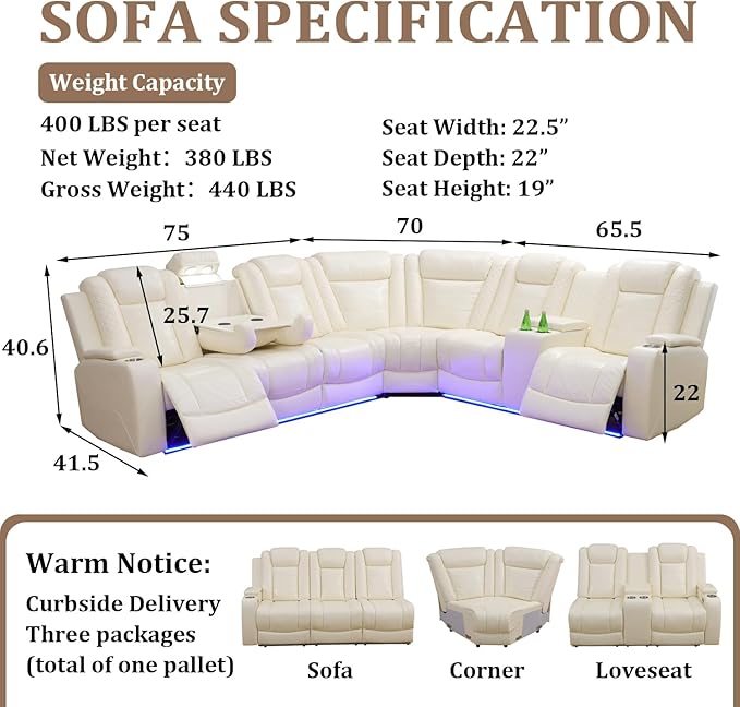 Power Reclining Sectional Sofa Set with LED Lights, Vegan Leather Recliner Sectional Couch for Living Room Furniture,Wireless Charging/USB Charging/Reading Lamp/Armrest Storage,White Pro