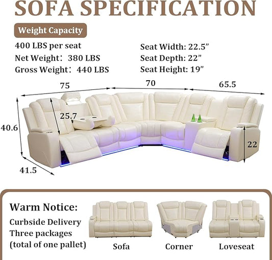 Power Reclining Sectional Sofa Set with LED Lights, Vegan Leather Recliner Sectional Couch for Living Room Furniture,Wireless Charging/USB Charging/Reading Lamp/Armrest Storage,White Pro