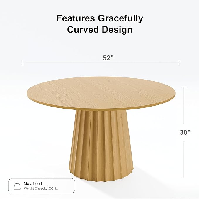 Casaphoria 52" Round Dining Table, Modern Wood Kitchen Table with Cone Shaped Strip Concave Base for Living Room & Dining Room, Easy Assembly Farmhouse Furniture for 4-6, Oak