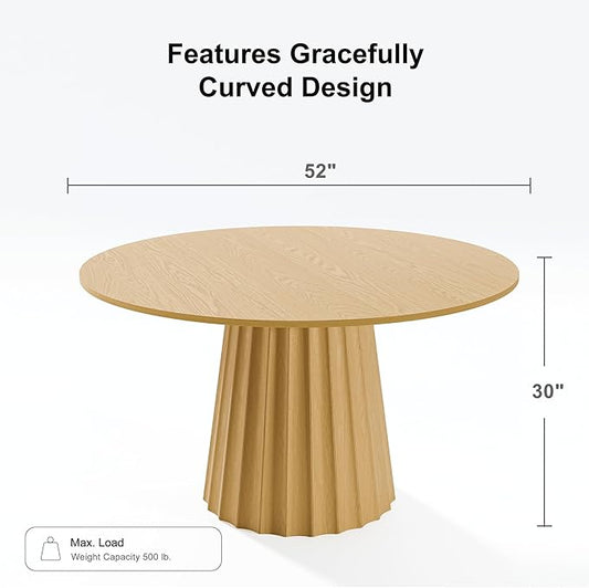 Casaphoria 52" Round Dining Table, Modern Wood Kitchen Table with Cone Shaped Strip Concave Base for Living Room & Dining Room, Easy Assembly Farmhouse Furniture for 4-6, Oak