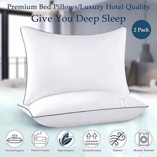 Bed Pillows for Sleeping 2 Pack, Queen Size Set of 2 for Side Back and Stomach Sleepers, Cooling Pillows,Down Alternative Filling Luxury Soft Supportive Plush Pillows (White)