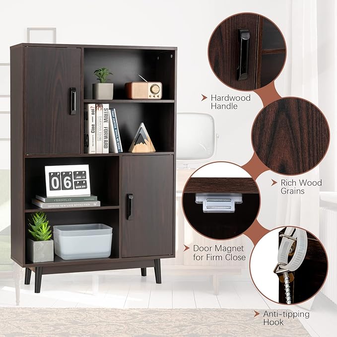 Giantex Storage Cabinet with Legs, Floor Cabinet with Doors, Shelves, Anti-Tipping Device, 4-Tier Bookshelf for Books & Photos, Tall Cupboard in Living Room, Kitchen Buffet Sideboard (Espresso)
