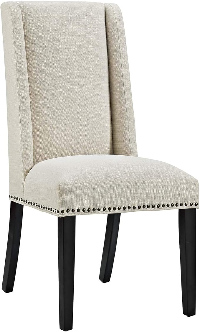 Modway Baron Modern Tall Back Wood Upholstered Fabric Two Dining Chairs in Beige
