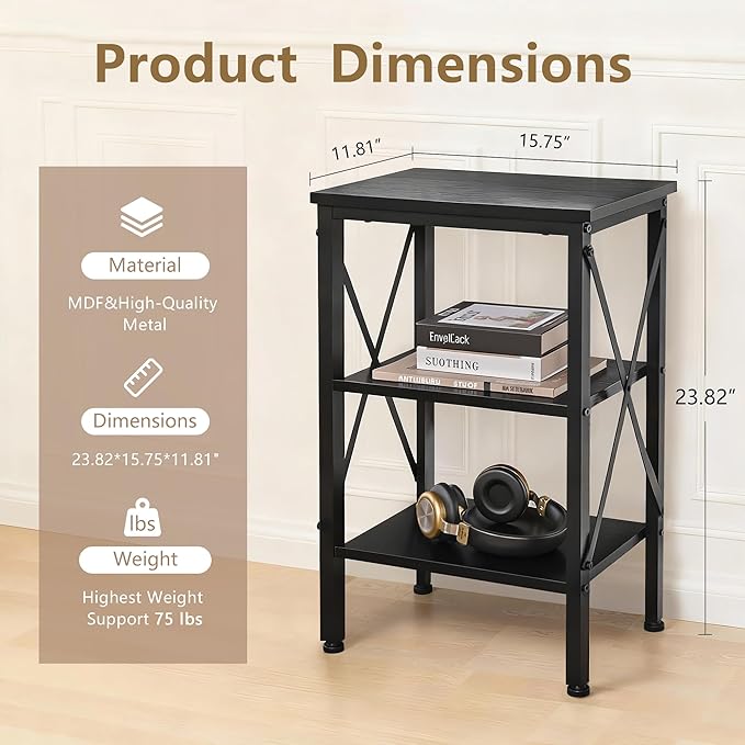 VECELO End Table, Nightstand, 24" Tall Living Room Side Tables, X-Design Reinforced Bedside Table, Nightstands with 3-Tier Storage Shelves for Small Spaces, Office, Bathroom, Bedroom, Antique Black
