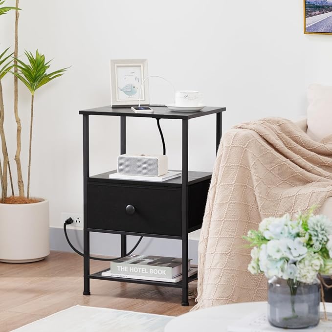 Night Stand Set 2, Nightstand with Charging Station, End Tables Living Room with Fabric Drawer for Small Spaces, Bed Side Tables with Storage Shelf for Bedroom, Black, HETS010BK