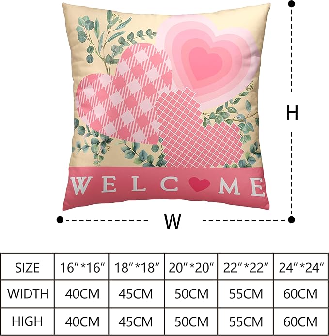 Valentine Day Pillow Covers 16x16 Set of 2 Valentines Day Pink Heart Throw Pillow Covers Pink Hearts with Eucalyptus Decoarative Pillow Case Cushion Case for Couch Sofa