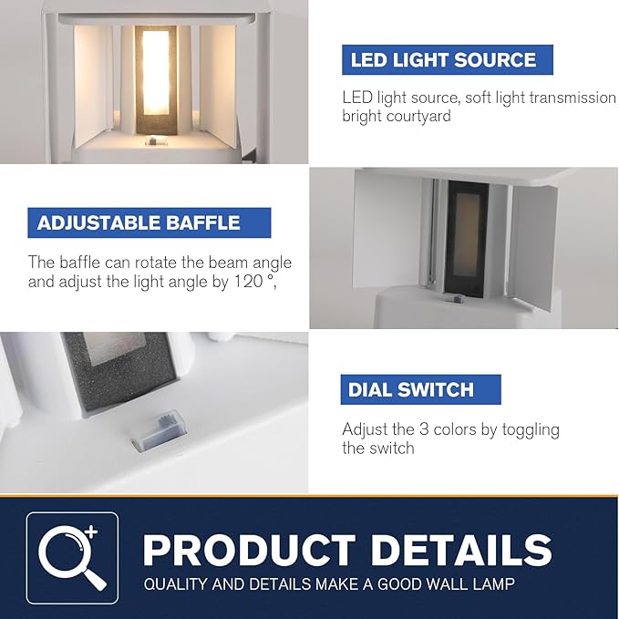 Outdoor Wall Sconces & Indoor Wall Light,Matte White Wall Sconces Set of Two,3-Color-Temperature Adjustable and Adjustable Beam,Waterproof & Rust-Resistant,4.72-Inch,20W Square Wall Lamp(2 Pack)