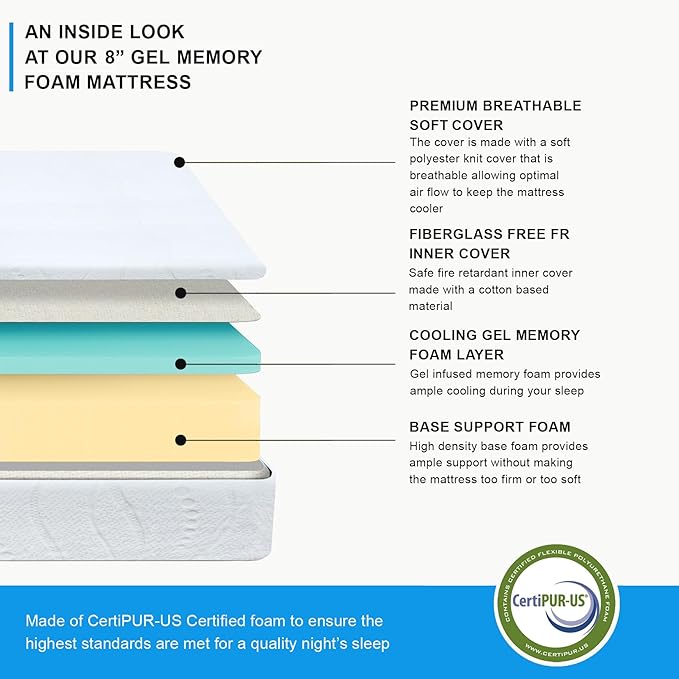 Twin Size 8-Inch, Gel Memory Foam Mattress, Medium Firm Feel, Breathable, Cool Sleep and Pressure Relief, CertiPUR-US Certified, Temperature Balanced