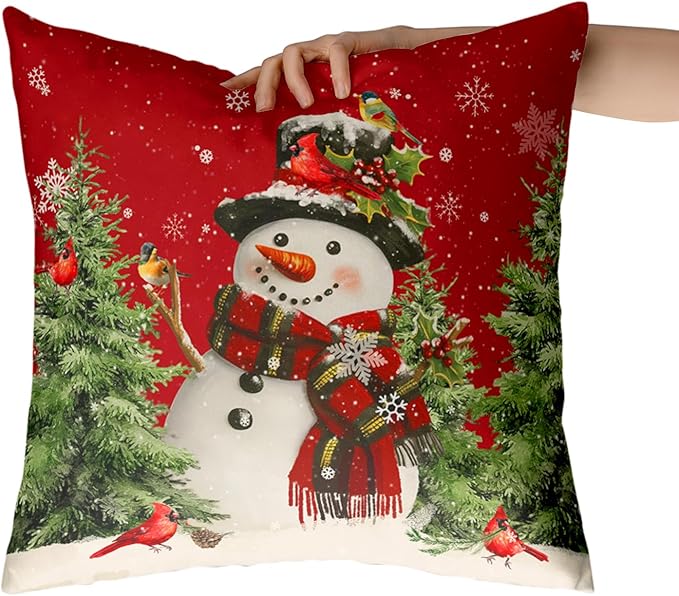 Red Winter Pillow Covers 22x22 Set of 2 Christmas Snowman Throw Pillow Covers Xmas Pine Tree Bird Snowflake Cushion Cases Farmhouse Square Pillowcase for Bed Couch Sofa Living Room