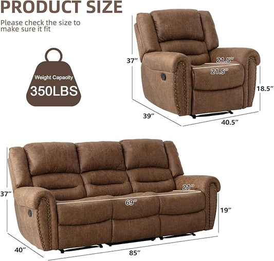 EBELLO Manual Recliner Sofa Set, Faux Leather Fabric Reclining Living Room Set, Included Single Recliner Chair and 3 Seat Manual Sofa, Brown
