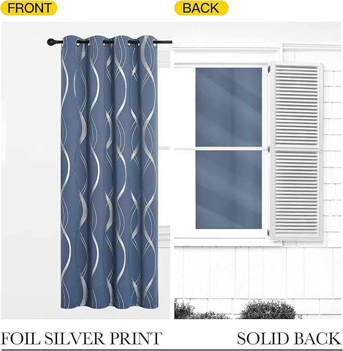 NICETOWN Bedroom Blackout Curtains Panels - Window Treatment Thermal Insulated Solid Grommet Blackout Wave Line Foil Print Design Curtains for Living Room (Stone Blue, Set of 2, 52 by 63 Inch)