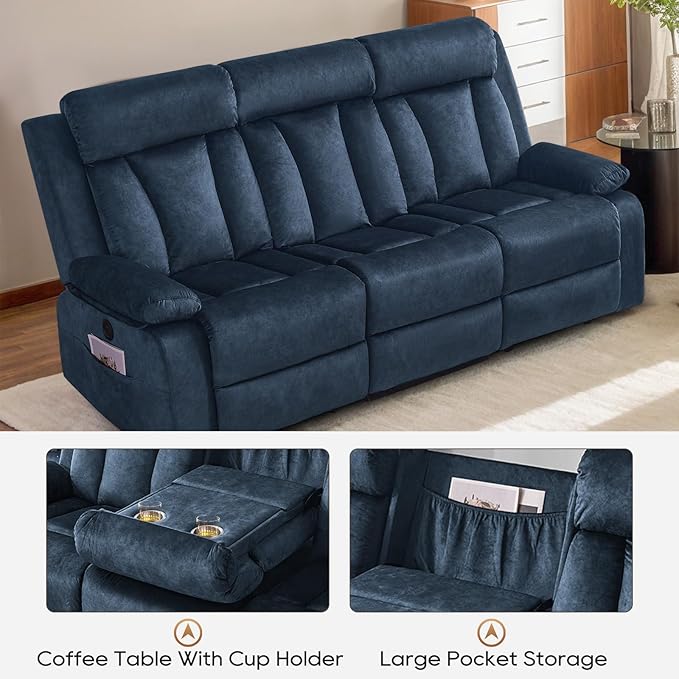 Power Reclining Sofa with Heat and Massage, Electric Reclining Couch with Drop Down Table,Cup Holders, Dual Ports, Wall Hugger Recliner Sofa for Living Room,Home Theater (Blue, Sofa)