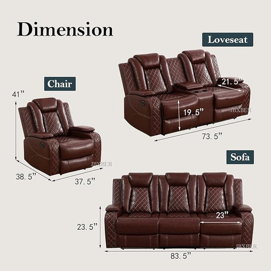 Power Recliner Sofa Set for Living Room Furniture Set, Leather Reclining Sofa and Chair with Drop-Down Table, Hidden Storage for Home Theater Seating (Sofa and Chair, Red)