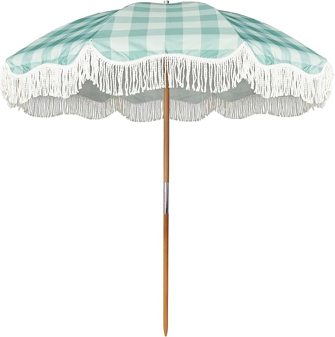 AMMSUN Beach Umbrella with Fringe, 6.5ft Boho Umbrella with Premium Wood Pole & Carry Bag, UPF 50+ Protection for Outdoor Holiday, Green Plaid