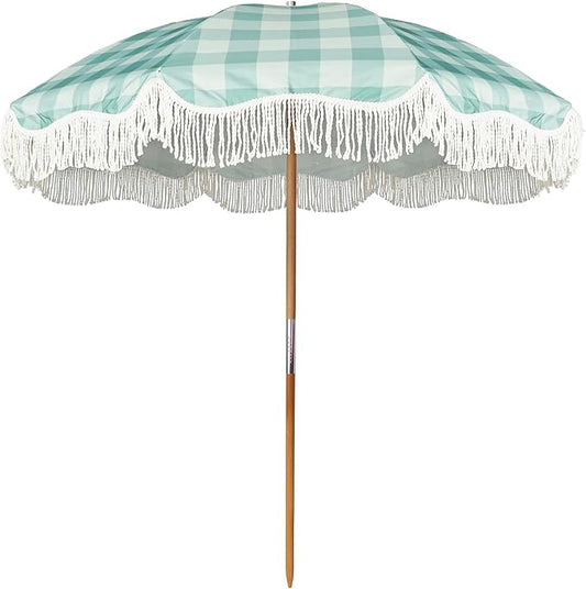 AMMSUN Beach Umbrella with Fringe, 6.5ft Boho Umbrella with Premium Wood Pole & Carry Bag, UPF 50+ Protection for Outdoor Holiday, Green Plaid