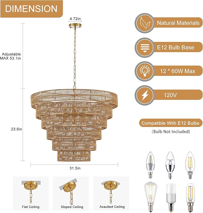 31.5” Large Boho Rattan Chandelier Light Fixture, 12-Light Golden Hand Woven Chandeliers 6-Tier Vintage Farmhouse Wicker Gold Chandelier for Dining Room, Kitchen, Bedroom, Living Room, Foyer