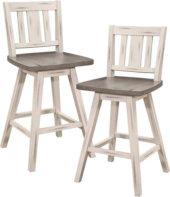 Lexicon Counter Height Stools Set of 2-Solid Wood Frame 360° Swivel Wooden Stools, Foot Rest, Slat Back, Wide Seat, Distressed Farmhouse Easy to Clean Finish, 24" SH, Antique White/Grey