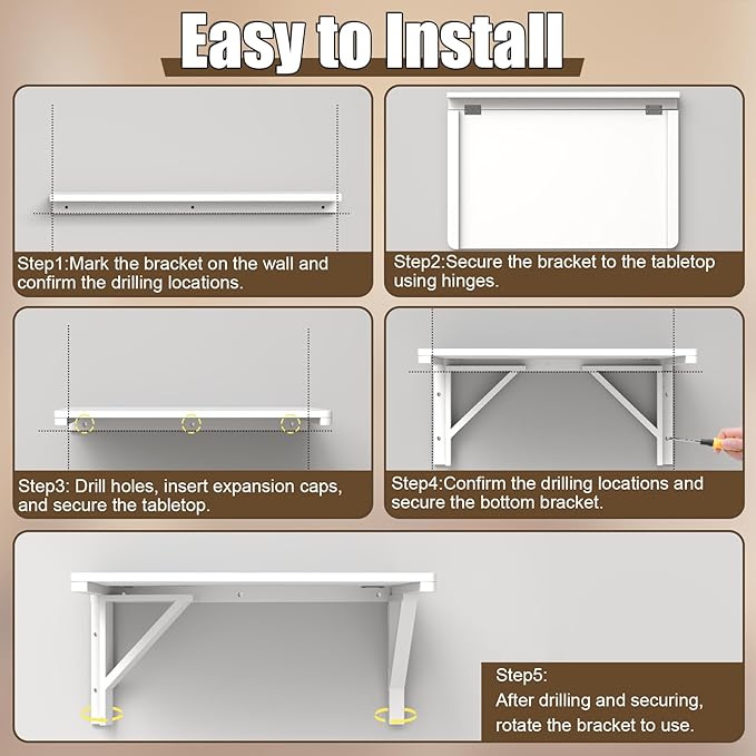MM MELISEN Wall Mounted Folding Table, 29.5"L x 19.6"W, White, Space-Saving Design