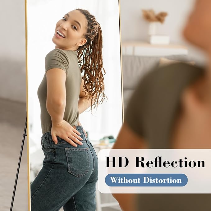 DUMOS Full Length Mirror with Stand, 65"x24" Floor Mirror with Aluminum Alloy Frame for Bedroom, Standing Full Body Mirror with Shatter-proorf Nano Glass for Wall, Living Room, Cloakroom, Gold