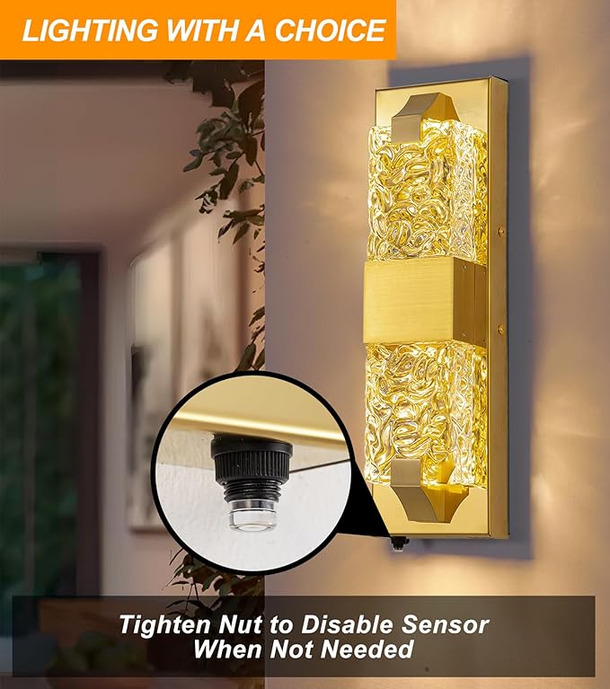 Dusk to Dawn Outdoor Lighting 2 PCS 15.6'' Porch Lights Outdoor IP65 Waterproof Gold Exterior Lighting Fixtures 12W LED Ripple Crystal Glass Modern Outside Light for House Hallway Doorway Patio