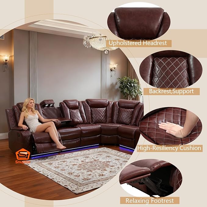 Power Leather Recliner Sectional Sofa with LED Light,L Shaped Reclining Couch with USB Charger/Cup Holder/Storage,Leather Sofa for Living Room Furniture Sets(Burgundy,Sectional)