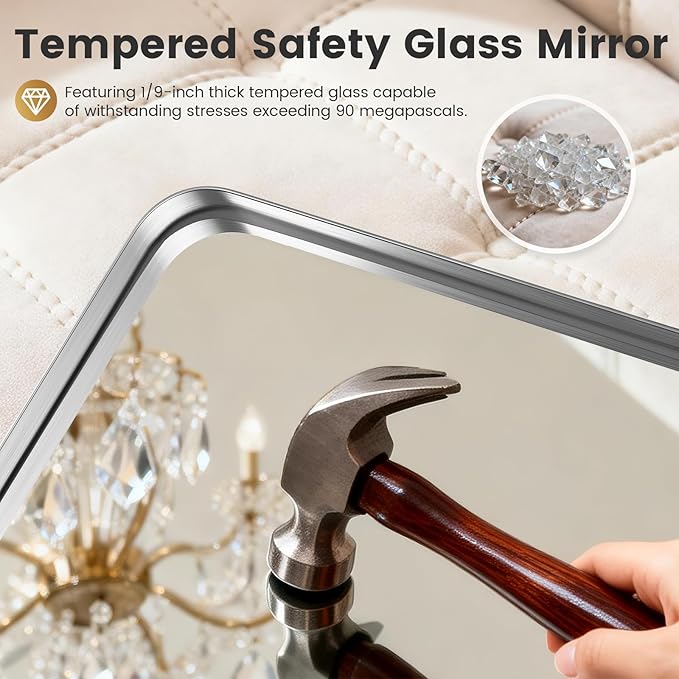 48" x 30" Large Brushed Nickel Bathroom Mirror for Wall, Large Mirrors for Spacious Rooms,Brushed Silver Metal Framed Mirror, Rounded Rectangle Silver Bathroom Mirrors, Tempered Glass