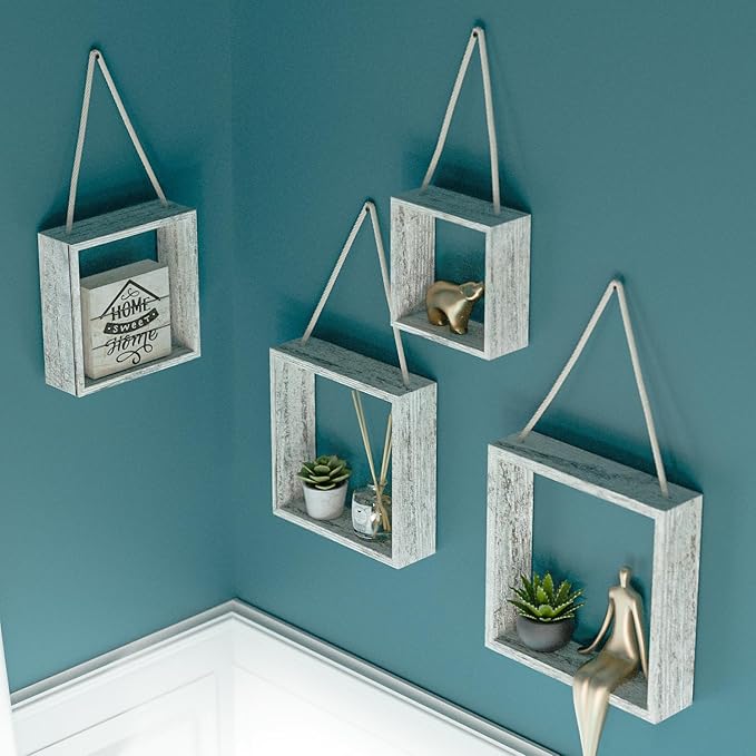 J JACKCUBE DESIGN Floating Hanging Square Shelves Wall Mounted Rustic Wood Cube Display Shelf Shadow Boxes Decorative Boho Home Décor for Living Room, Bedroom, Office, Set of 4 (White) - MK571C
