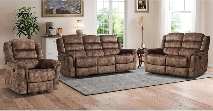 EBELLO 3 Pieces Reclining Living Room Set, Overstuffed Soft Fabric Manual Recliner, Loveseat Recliner and Bonded 3 Seat Reclining Couch Set for Living Room, Brown