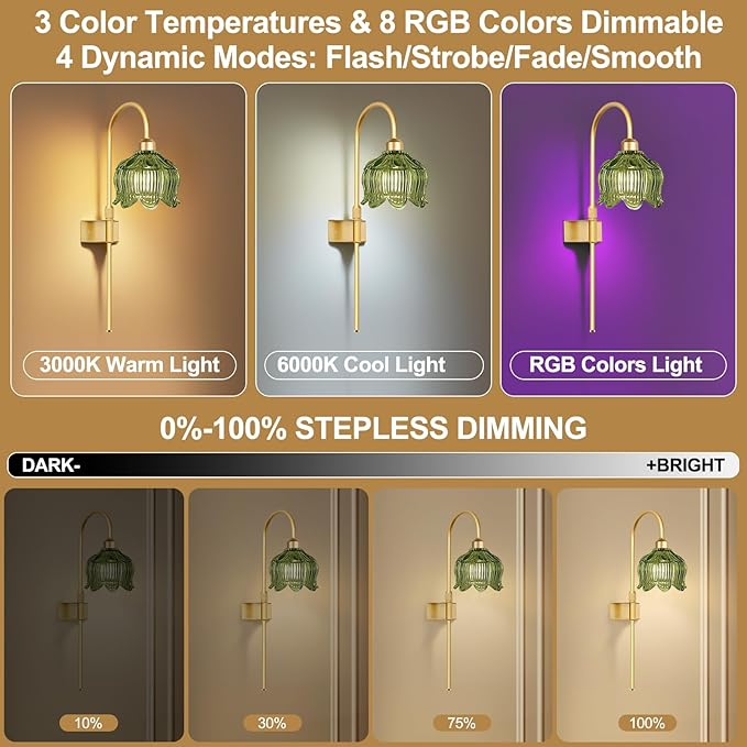 Glass Battery Operated Wall Sconces Set of Two,Wireless Flower Battery Wall Light with 5000mAh RGB Dimmable Bulb and Remote, Rechargeable Wall Lamp Sconce for Bedroom Living Room Hallway