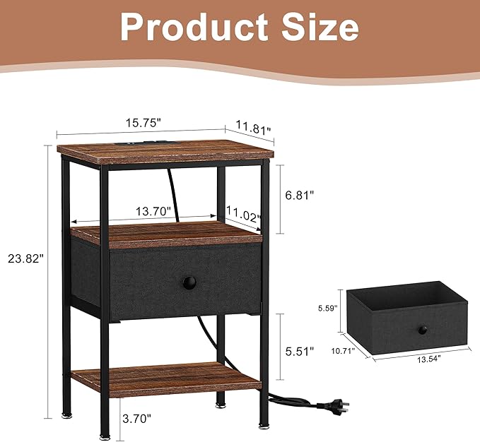 VECELO Bedside Tables Set of 2 with Charging Station,End Tables with Storage Shelf&Fabric Drawer,Bedside Tables for Bedroom,Living Room,Small Spaces,Brown