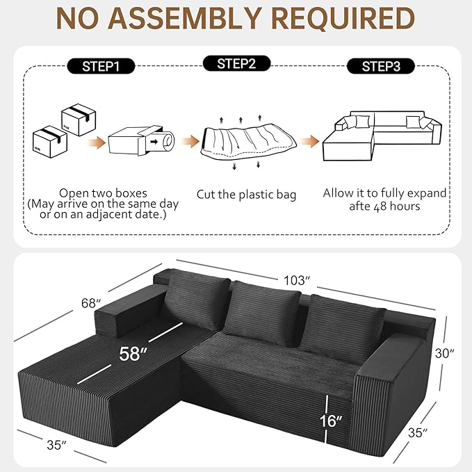Nigoone 103" Boneless Corduroy Sectional Couch with Left Chaise, Modular L Shaped Couches for Living Room, Large Minimalist Modern Deep Seat Floor Sofa Set, No Assembly