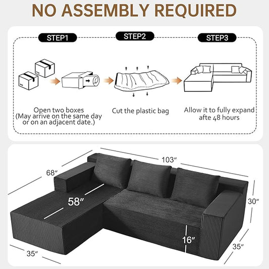 Nigoone 103" Boneless Corduroy Sectional Couch with Left Chaise, Modular L Shaped Couches for Living Room, Large Minimalist Modern Deep Seat Floor Sofa Set, No Assembly