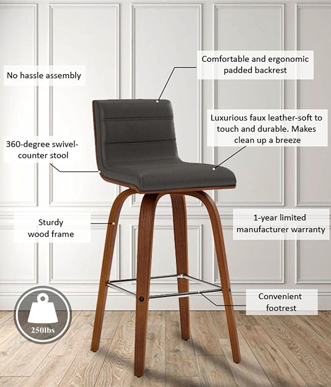 Vienna 26" Swivel Counter Stool in Walnut Wood Finish with Gray Faux Leather - Set of 3